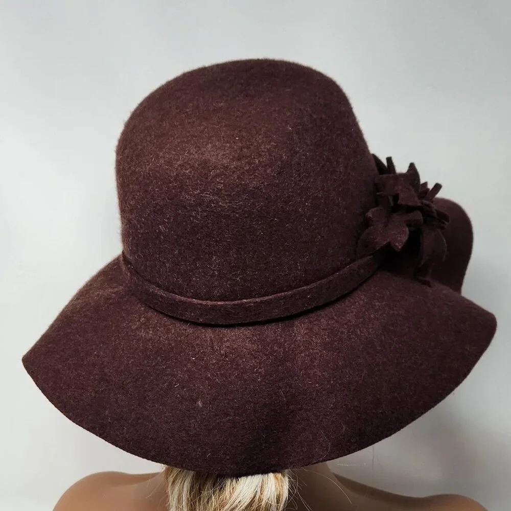 Vintage Style Womens Wool Felt Floppy Hat Flower Accent, Bucket Hat, Cloche Boho